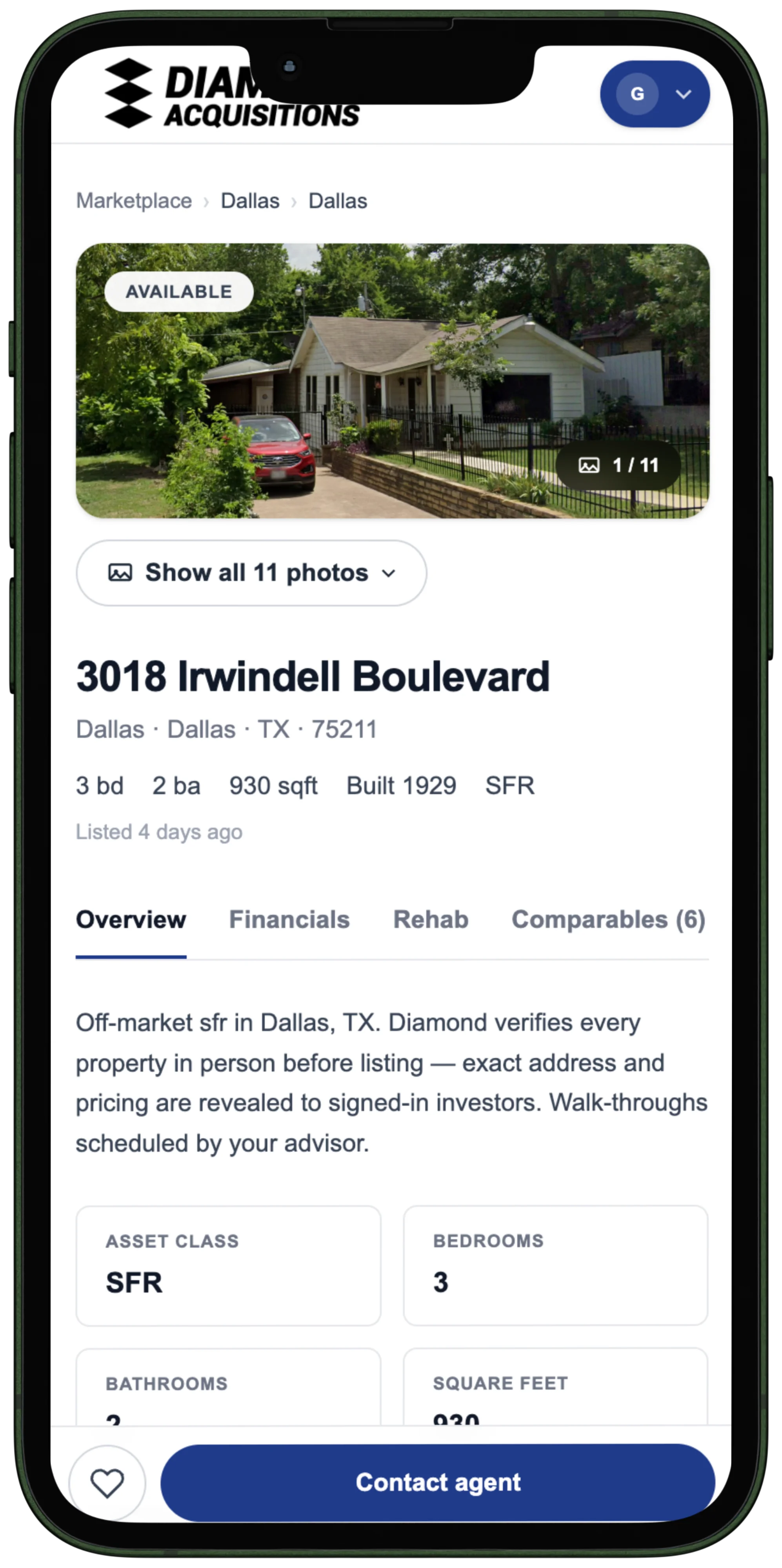 Diamond Acquisitions portal on mobile — property detail page for 3018 Irwindell Boulevard, Dallas, TX