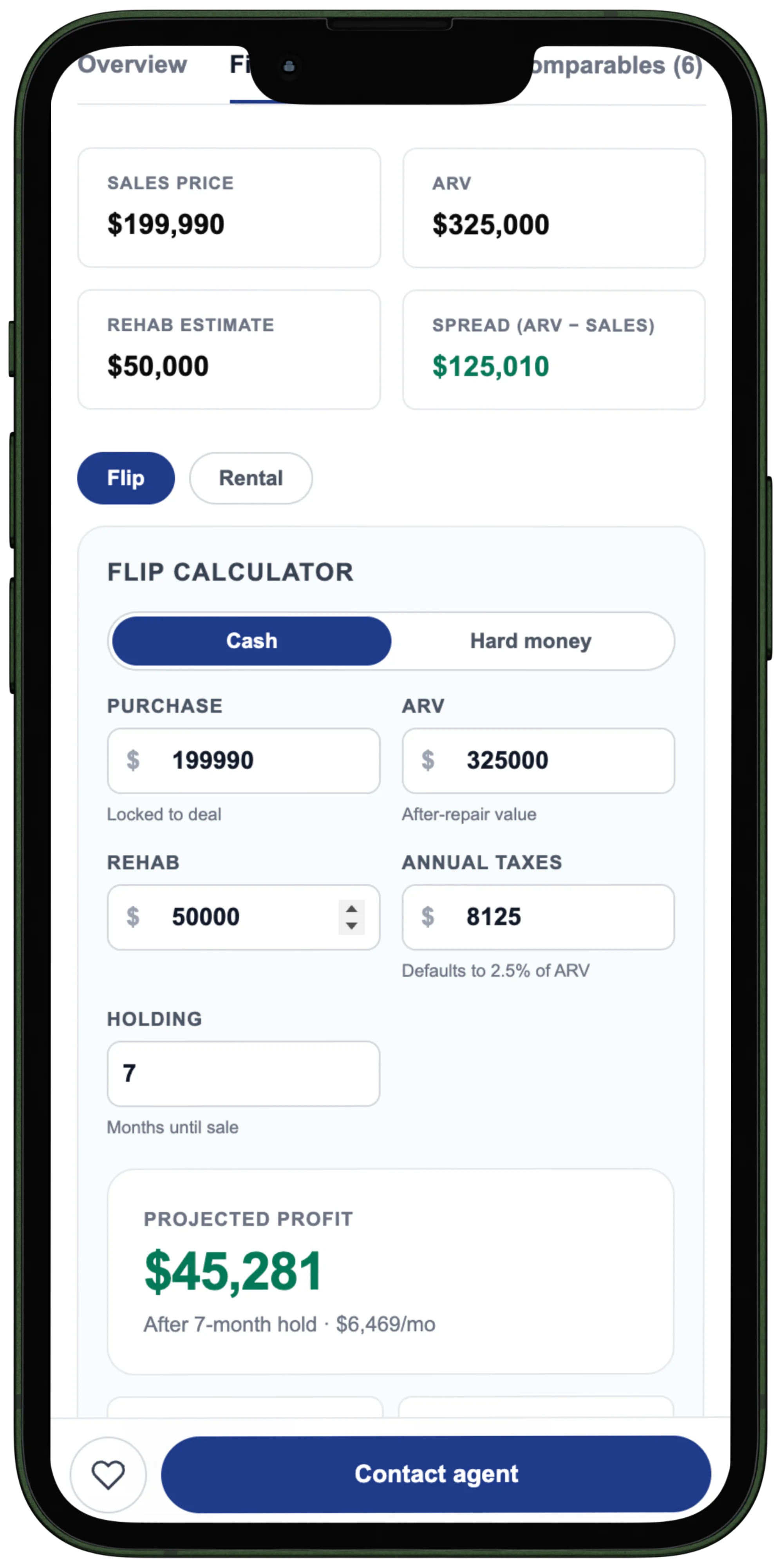 Diamond Acquisitions portal on mobile — flip calculator showing $45,281 projected profit after a 7-month hold